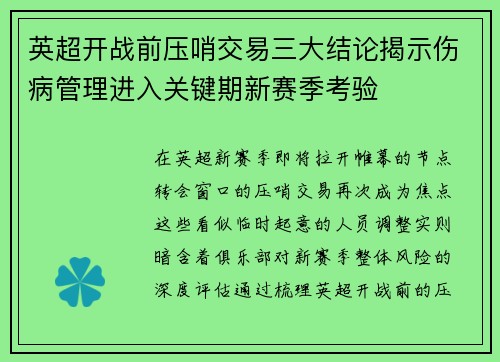 英超开战前压哨交易三大结论揭示伤病管理进入关键期新赛季考验